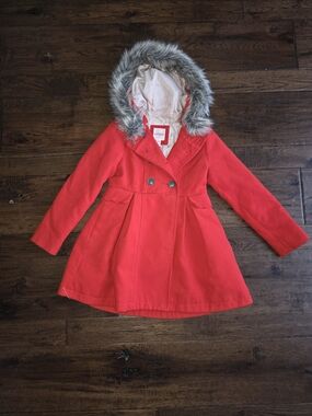 Cat & Jack Red Hooded Pea Coat with Faux Fur Trim Size 6/6x